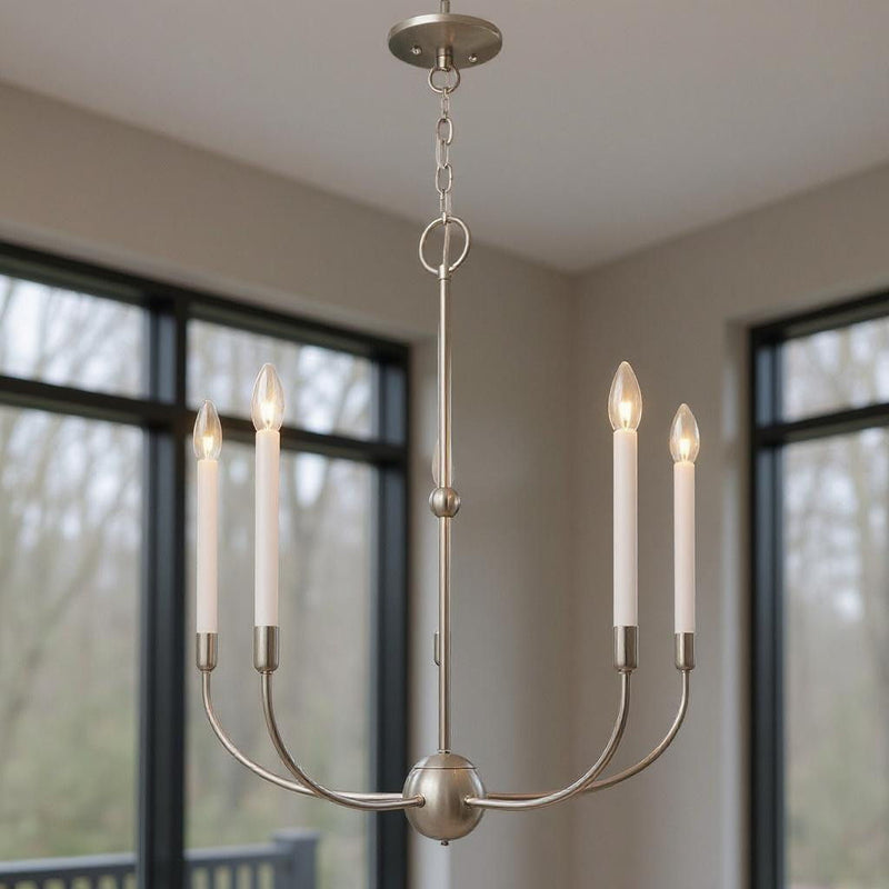 28" Five Light Dimmable Chandelier With Shades - Nickel