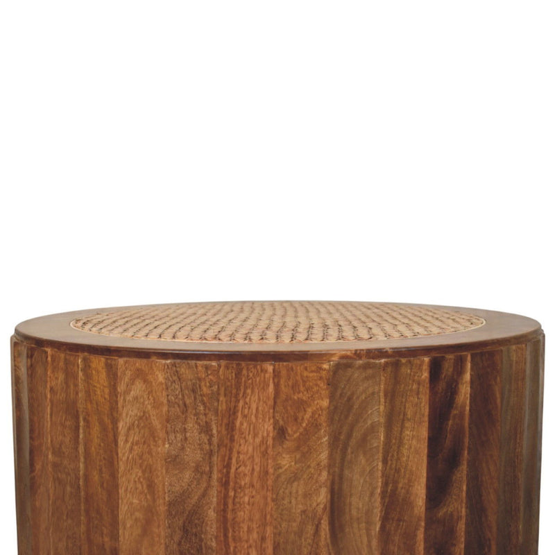 Golden And Saffron Rattan And Solid Wood Round Drum Coffee Table - Brown