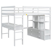 Load image into Gallery viewer, Full Size Loft Bed With Built In Desk, 2 Drawers, Storage Shelves - White
