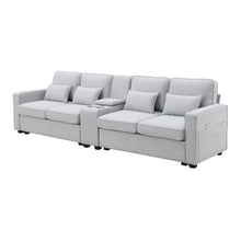 Load image into Gallery viewer, [VIDEO provided] [New] 114.2&quot; Upholstered Sofa with Console, 2 Cupholders and 2 USB Ports Wired or Wirelessly Charged, Modern Linen Fabric Couches with 4 Pillows for Living Room, Apartment (4-Seat)
