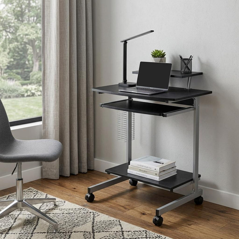 Stainless Rolling H-Shape Computer Desk - Espresso / Silver