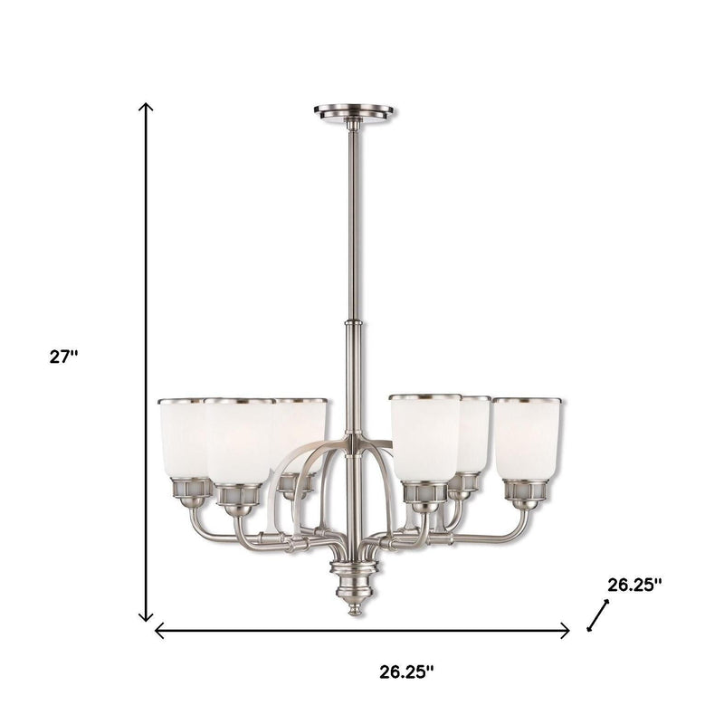 Six Light Metal Dimmable Chandelier With Shades - Nickel / Opal