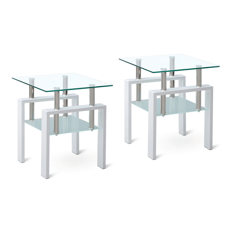 Glass And Metal Square End Tables With Shelf (Set of 2) - Clear / White