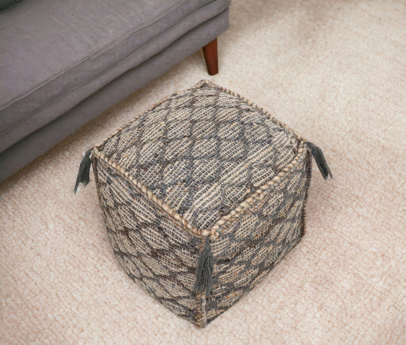 Jute Cube Trellis Pouf Ottoman - Natural Gray And Taupe