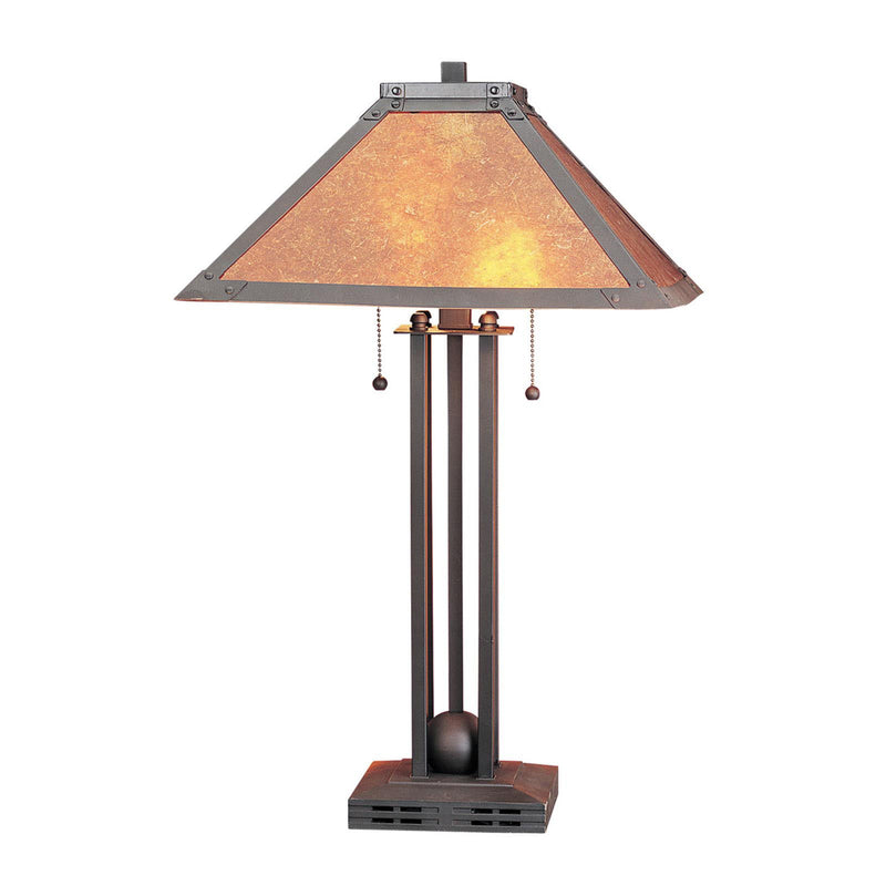 Metal Two Light Cylinder Table Lamp With Amber Square Shade - Gray