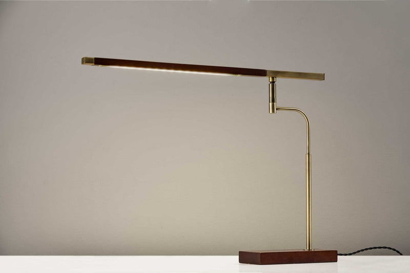 Metal Adjustable LED Desk Lamp With USB Port - Walnut Wood Finish And Antique Brass