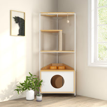 Load image into Gallery viewer, Corner Cat Tower, Cat Tree With Scratching Post, Cat Condo With Feeding Station And Climbing Platforms, Pet Furniture For Indoor Cats - White / Light Oak
