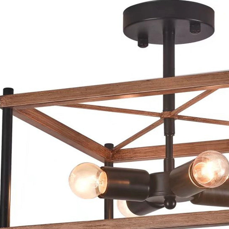 Industrial Wood Square Four Light Ceiling Fixture - Brown / Black