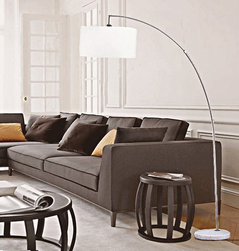 Arc Floor Lamp With White Drum Shade - White And Silver