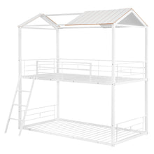 Load image into Gallery viewer, Twin Over Twin Bunk Bed Metal Bed with Half Roof, Guardrail and Ladder White
