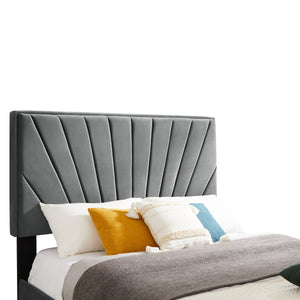 B108 Queen bed Beautiful line stripe cushion headboard , strong wooden slats + metal support feet, Gray Flannelette