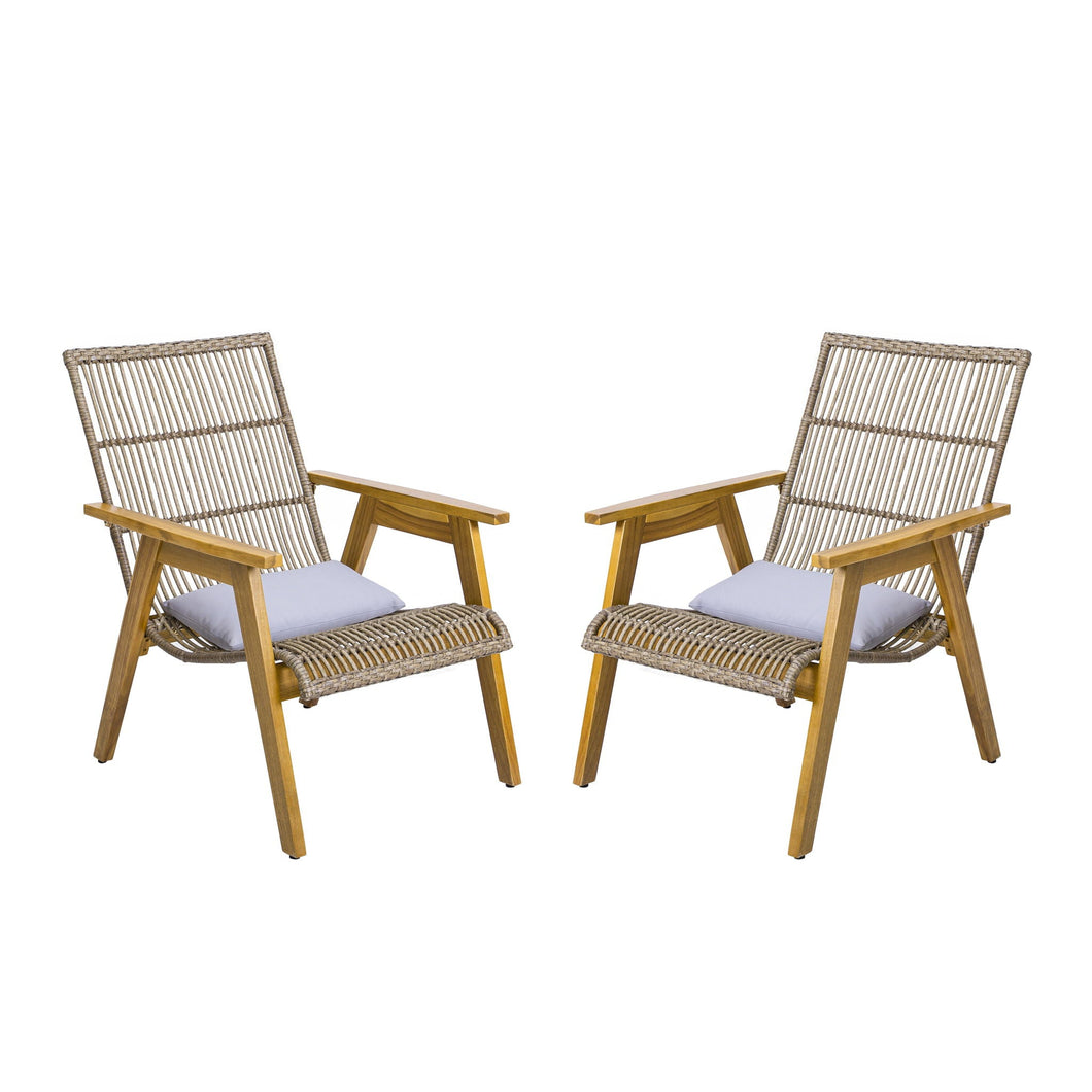 Acacia Wood Cape Woven Wicker Large Lounge Chair With Pillow For Patio, Deck, Yard, Lawn And Garden Seating Wicker (Set of 2) - Teak