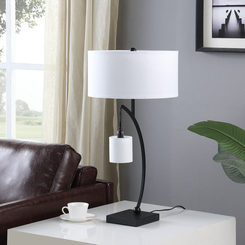 Metal Two Light Arched Table Lamp With White Drum Shade - Black