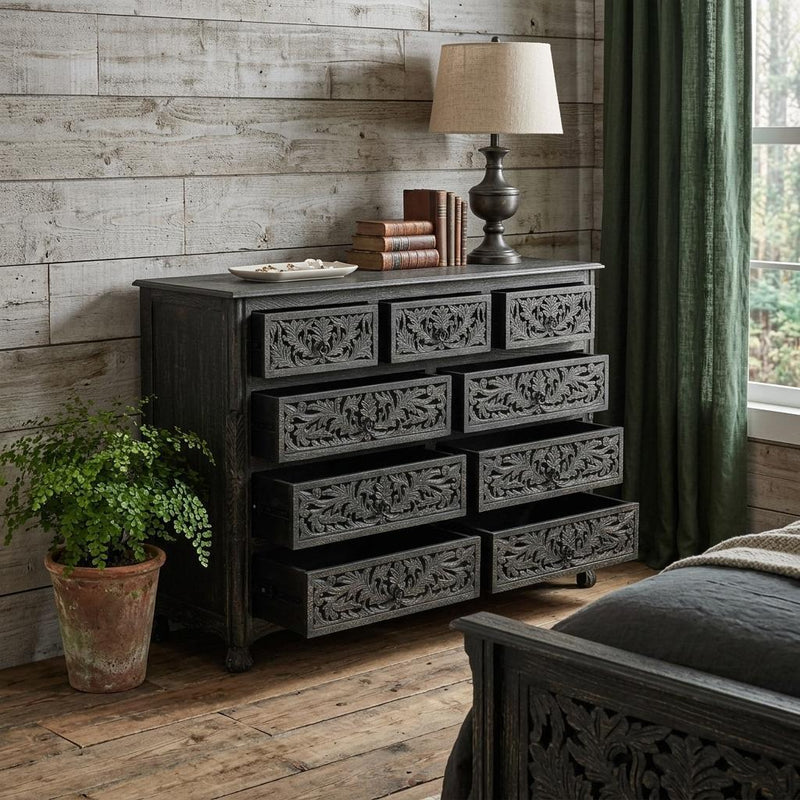 Carved Floral Solid Wood Nine Drawer Dresser - Black