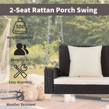 Load image into Gallery viewer, GO 2-Person Wicker Hanging Porch Swing with Chains, Cushion, Pillow, Rattan Swing Bench for Garden, Backyard, Pond. (Brown Wicker, Beige Cushion)
