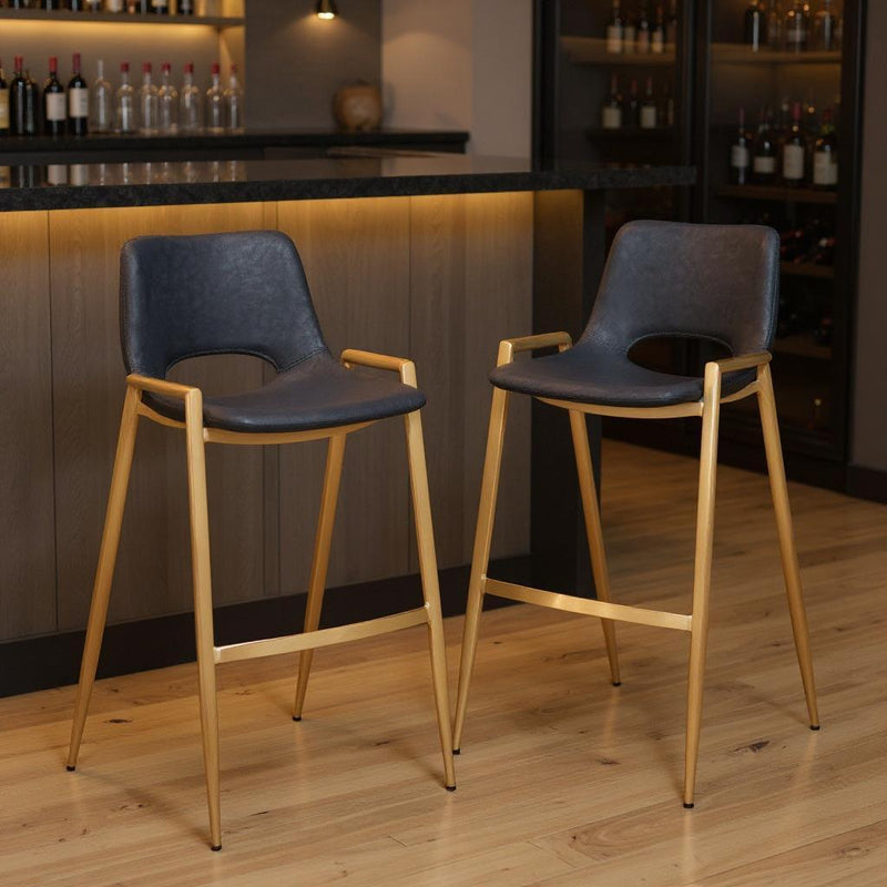 30" Faux Leather And Steel Low Back Bar Height Bar Chairs (Set of 2) - Black / Gold