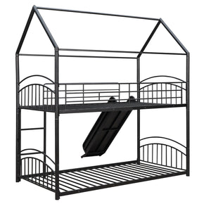 Twin Over Twin Metal Bunk Bed With Slide,Kids House Bed Black