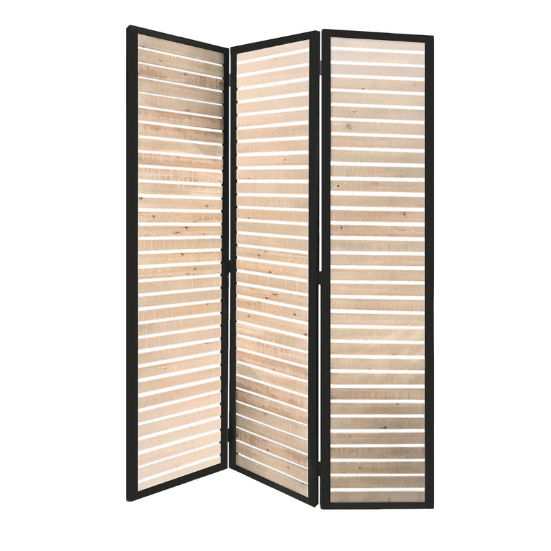Wood And Iron Folding Three Panel Screen Room Divider - Natural