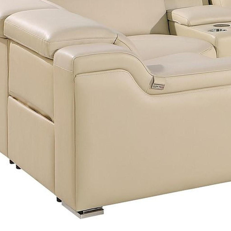 Italian Leather Power Reclining U Shaped 8 Piece Corner Sectional With Console - Beige