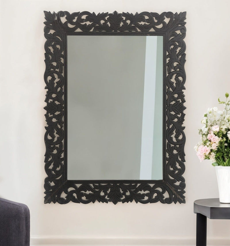 47" Floral Carved Solid Framed Accent Mirror - Black