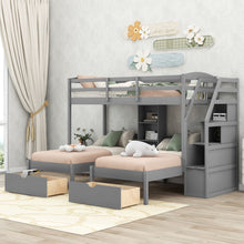 Load image into Gallery viewer, Twin Over Twin &amp; Twin Bunk Bed With Drawers, Staircase Storage, Built In Shelves - Gray
