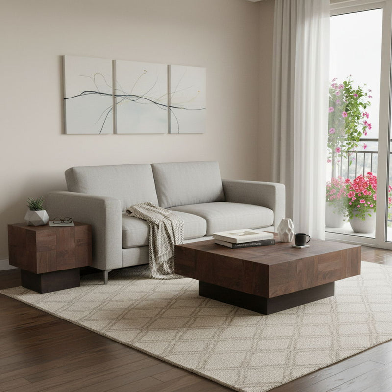 Solid Wood Square Block Coffee Table (Set of 2) - Natural / Brown