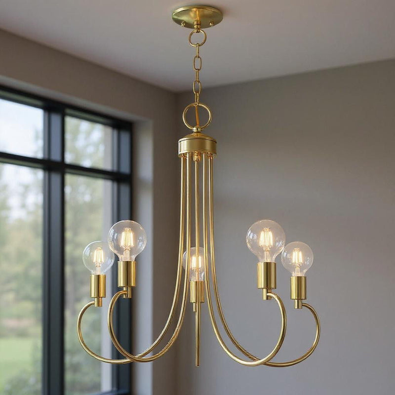 26" Five Light Dimmable Chandelier With Shades - Brass