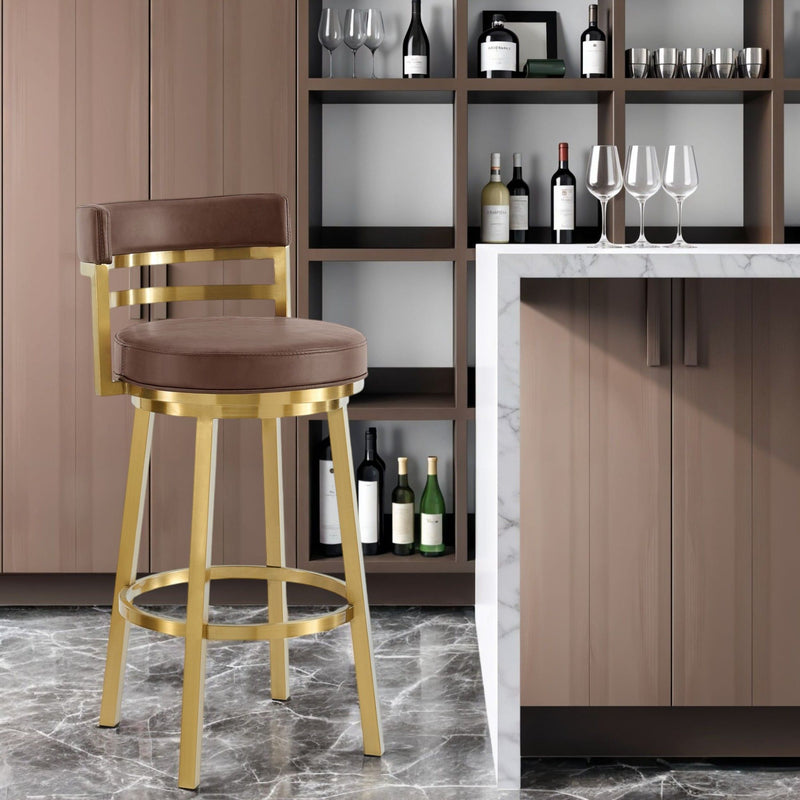 30" Contemporary Coffee Faux Leather And Stainless Steel Low Back Bar Height Swivel Bar Chair - Brown