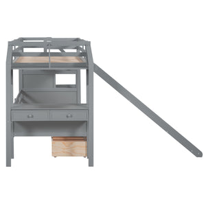 Twin over Twin Bunk Bed with Storage Staircase, Slide and Drawers, Desk with Drawers and Shelves, Gray