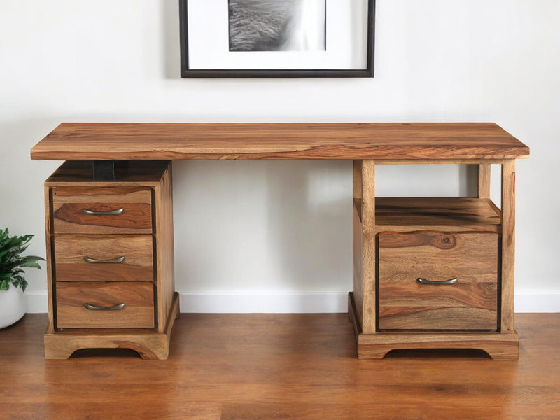68" Live Edge Solid Wood Writing Desk With Four Drawers - Brown