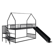 Load image into Gallery viewer, Twin Size Metal Bunk Bed House Bed with Slide and Staircase, Black
