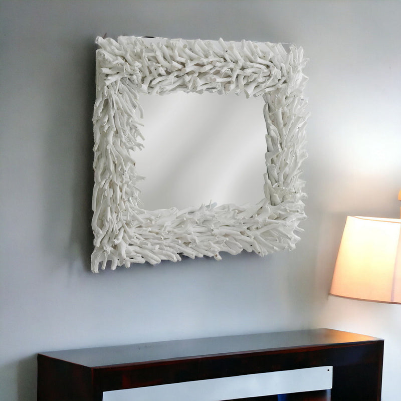 28" Rattan Framed Accent Mirror - White