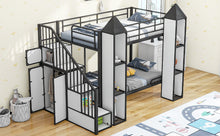 Load image into Gallery viewer, Metal Twin over Twin Castle-shaped Bunk Bed with Wardrobe and Multiple Storage, Black+White
