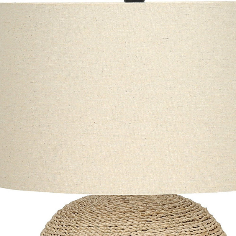 Rattan Round Table Lamp With Beige Drum Shade - Beige