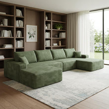 Load image into Gallery viewer, 135" 2 Piece Living Room Set Corduroy Modular Compression Foam Sofa With Ottoman Toss Pillows - Green
