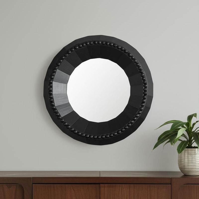30" Solid Faceted And Beaded Round Framed Accent Mirror - Black