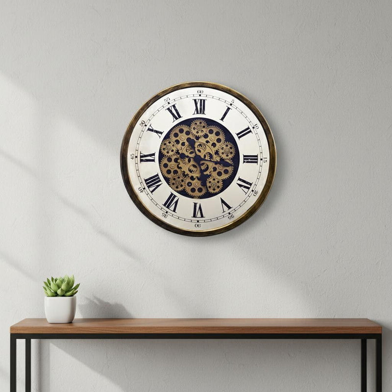 Silent Skeleton Exposed Gear Round Wall Clock (626343) - Antiqued Gold / White / Black