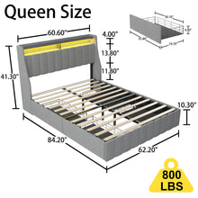 Load image into Gallery viewer, Queen Size Bed Frame With LED Lighting, Winged Headboard With Storage Drawers - Light Gray
