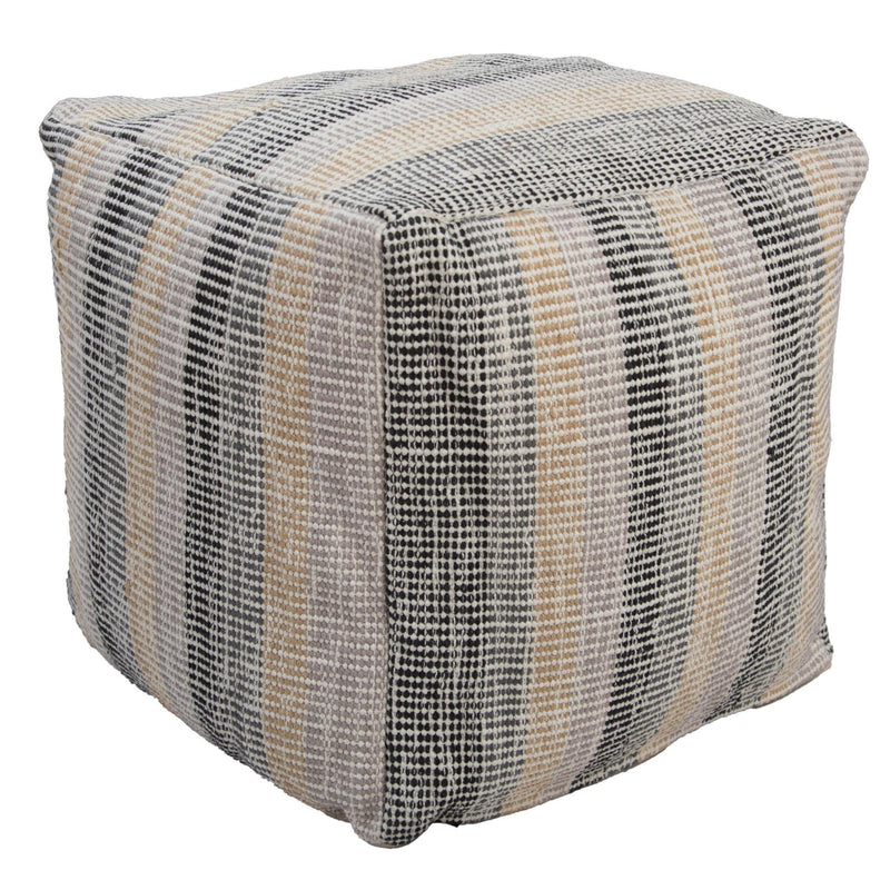 Cotton Blend Striped Cube Pouf Ottoman - Beige Black And Gray
