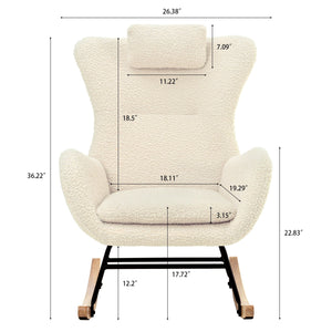 Rocking Chair Nursery, Teddy Upholstered Rocker Glider Chair With High Backrest, Adjustable Headrest & Pocket, Comfy Glider Chair For Nursery, Bedroom, Living Room, Offices, Rubber Wood