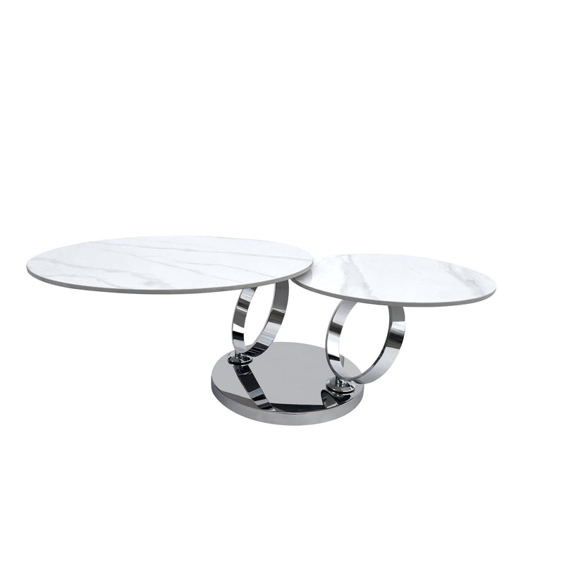 32" Ceramic Tile And Metal Round Abstract Coffee Table - White And Silver