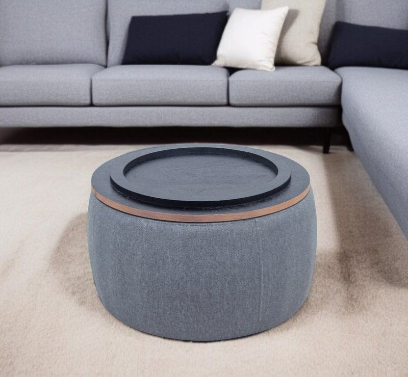 26" Fabric And Wood Reversible Tray Top Round Storage Ottoman - Dark Gray And Natural