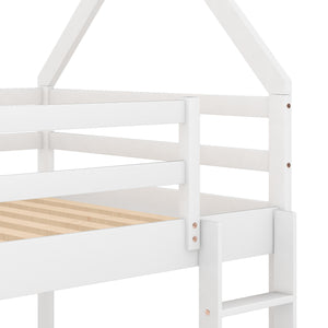 Twin over Twin Low Bunk Bed, House Bed with Ladder , White(OLD SKU:WF197808AAK)