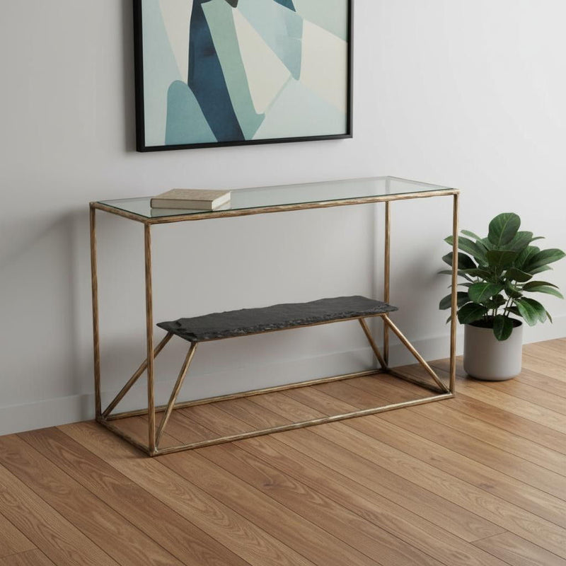 Stone And Glass And Iron Frame Console Table With Shelf - Clear / Brass