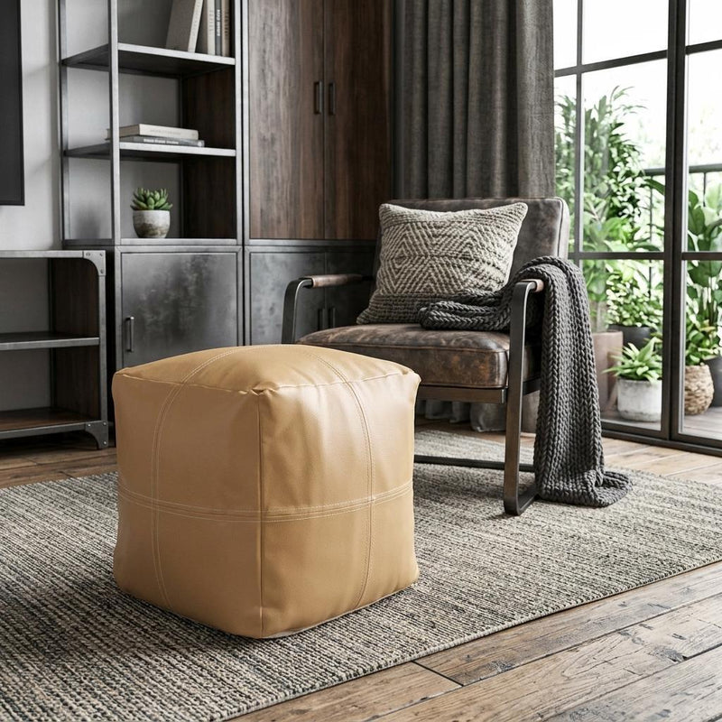 Faux Leather Cube Pouf Ottoman - Tan