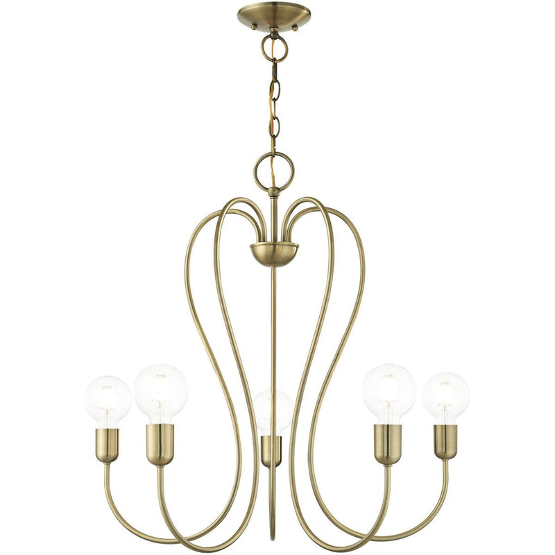 25" Five Light Dimmable Chandelier With Shades - Antiqued Brass