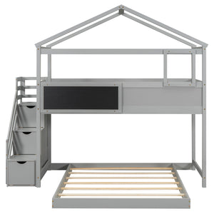 Twin over Full House Bunk Bed with Storage Staircase and Blackboard,Gray(Old SKU: GX001701AAE)