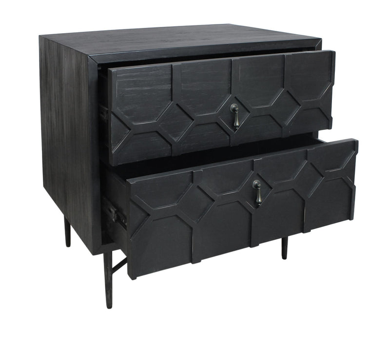 Iron And Solid Wood Distressed Carved Geometric Two Drawer Nightstand - Black