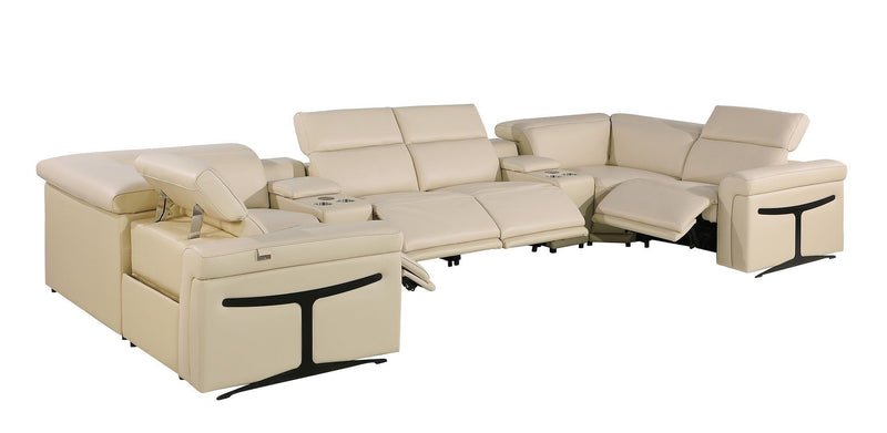 Italian Leather Power Reclining U Shaped Eight Piece Sectional With Console - Beige