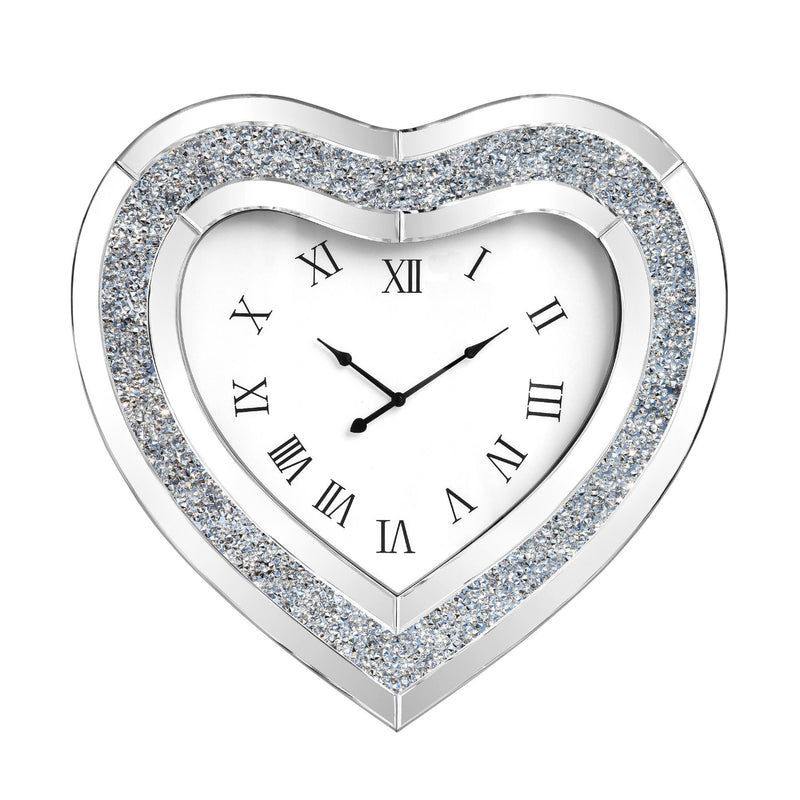 Mirrored Silent Analog Heart Wall Clock - Silver